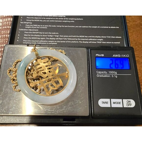 14k Yellow Gold Vintage Jade Chinese Character Pendant Necklace 26" Rope HS102 - Picture 6 of 12